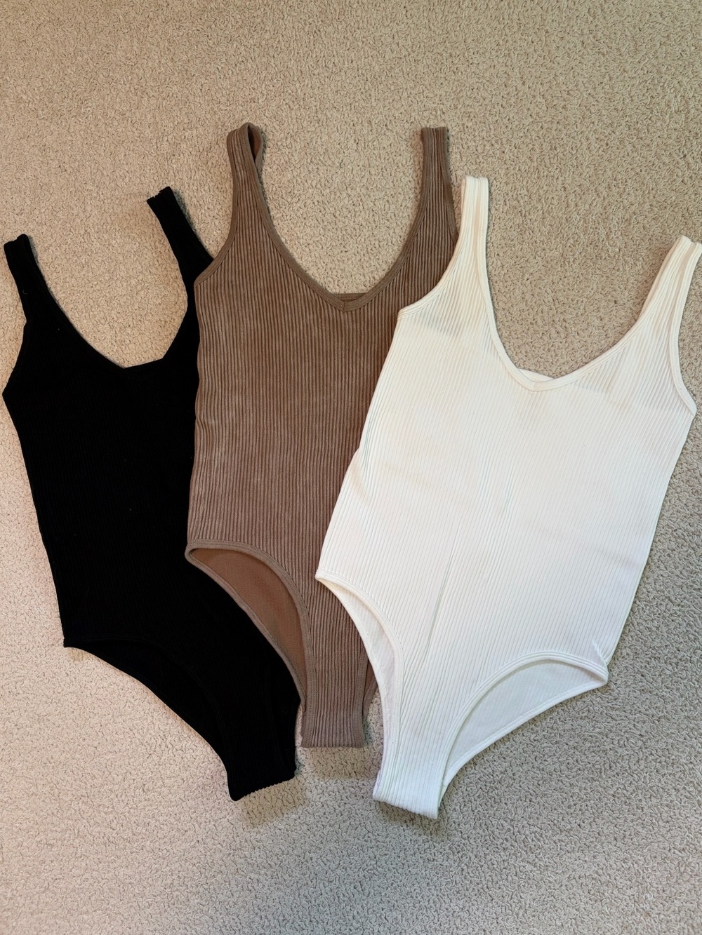 Ribbed V-Neck Bodysuit Trio - Black, Taupe, Ivory